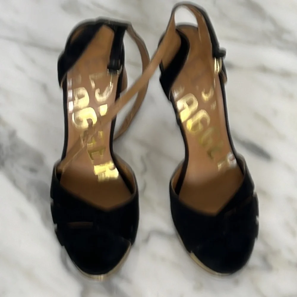 Sexy Kelsi Dagger black and gold platform heels 7‎
